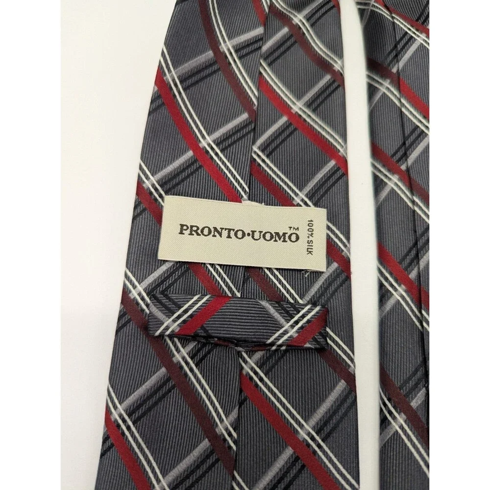 Pronto Uomo Tartan Gray/Red 100% Silk Pointed Classic Necktie Tie‎